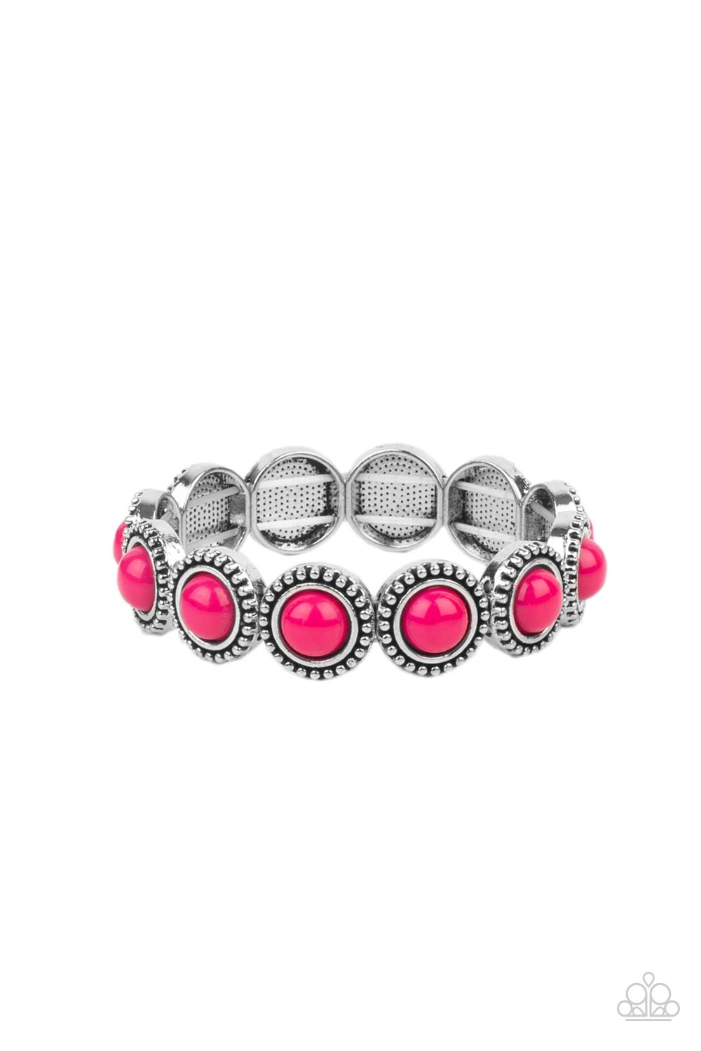 Polished Promenade - Pink Raspberry - Silver Stretchy Bracelet - Paparazzi Accessories - Silver frames encase polished Raspberry Sorbet beads. The eye-catching series of fanciful beads are threaded along a stretchy band and promenade around the wrist for a whimsical look. 
