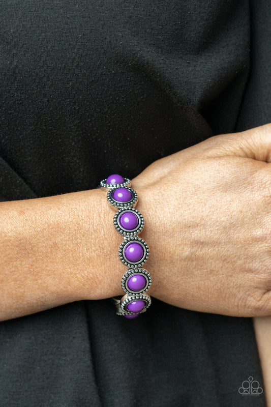 ​Polished Promenade - Purple and Silver Stretchy Bracelet - Paparazzi Accessories - 
Featuring an antiqued silver studded edge, silver frames encase polished purple beads. The eye-catching series of fanciful beads are threaded along a stretchy band and promenade around the wrist for a whimsical look. Sold as one individual bracelet.
