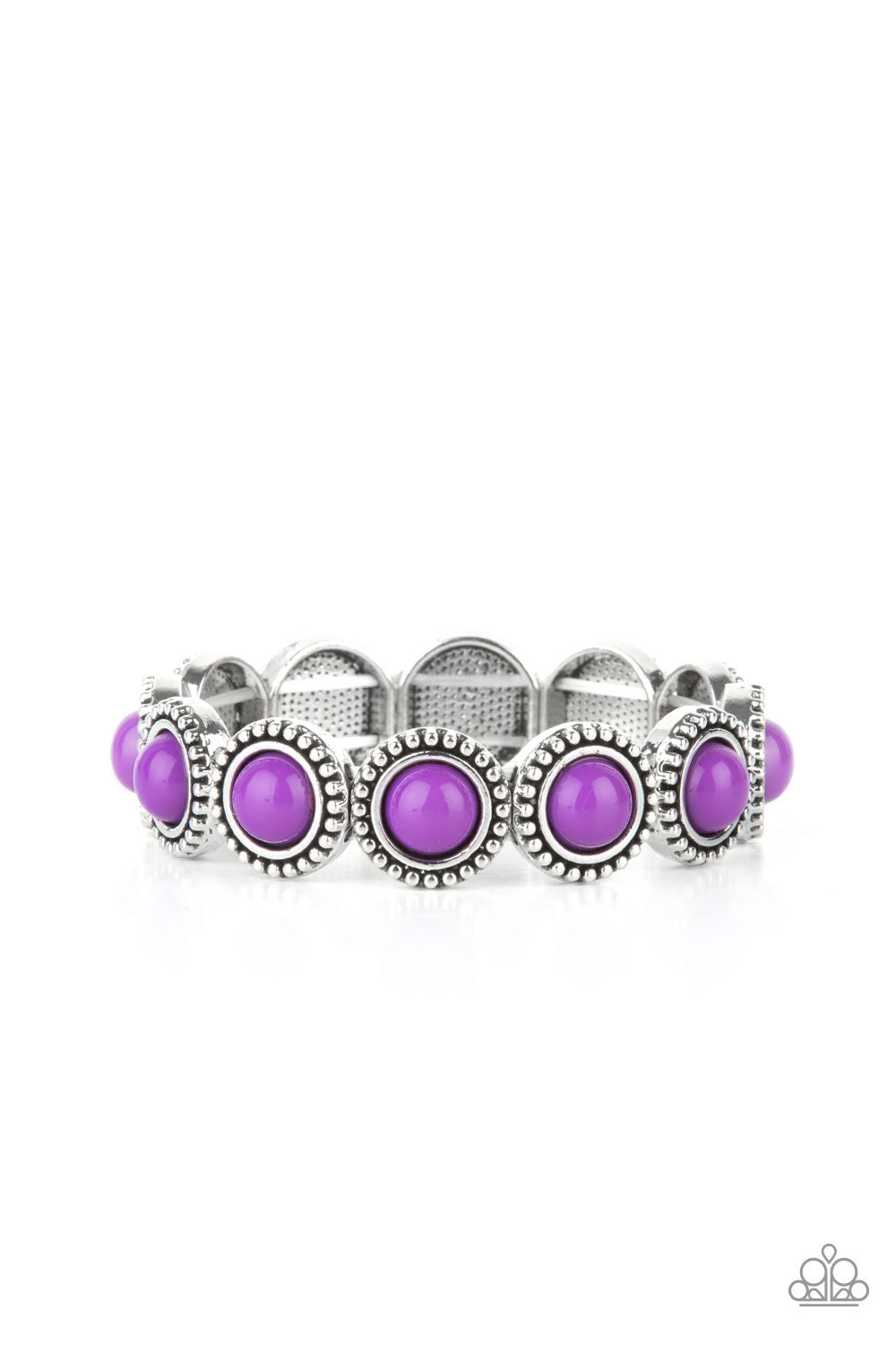 ​Polished Promenade - Purple and Silver Stretchy Bracelet - Paparazzi Accessories - 
Featuring an antiqued silver studded edge, silver frames encase polished purple beads. The eye-catching series of fanciful beads are threaded along a stretchy band and promenade around the wrist for a whimsical look. Sold as one individual bracelet.
