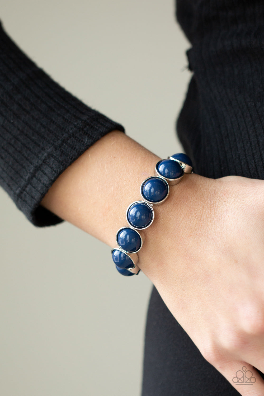 POP, Drop, and Roll - Blue and Silver - Stretchy Bracelet - Paparazzi Accessories - Trendy fashion jewelry for everyone - Featuring depthless blue beaded centers, bubbly silver frames are threaded along stretchy bands around the wrist for a powerful pop of color. Sold as one individual bracelet.