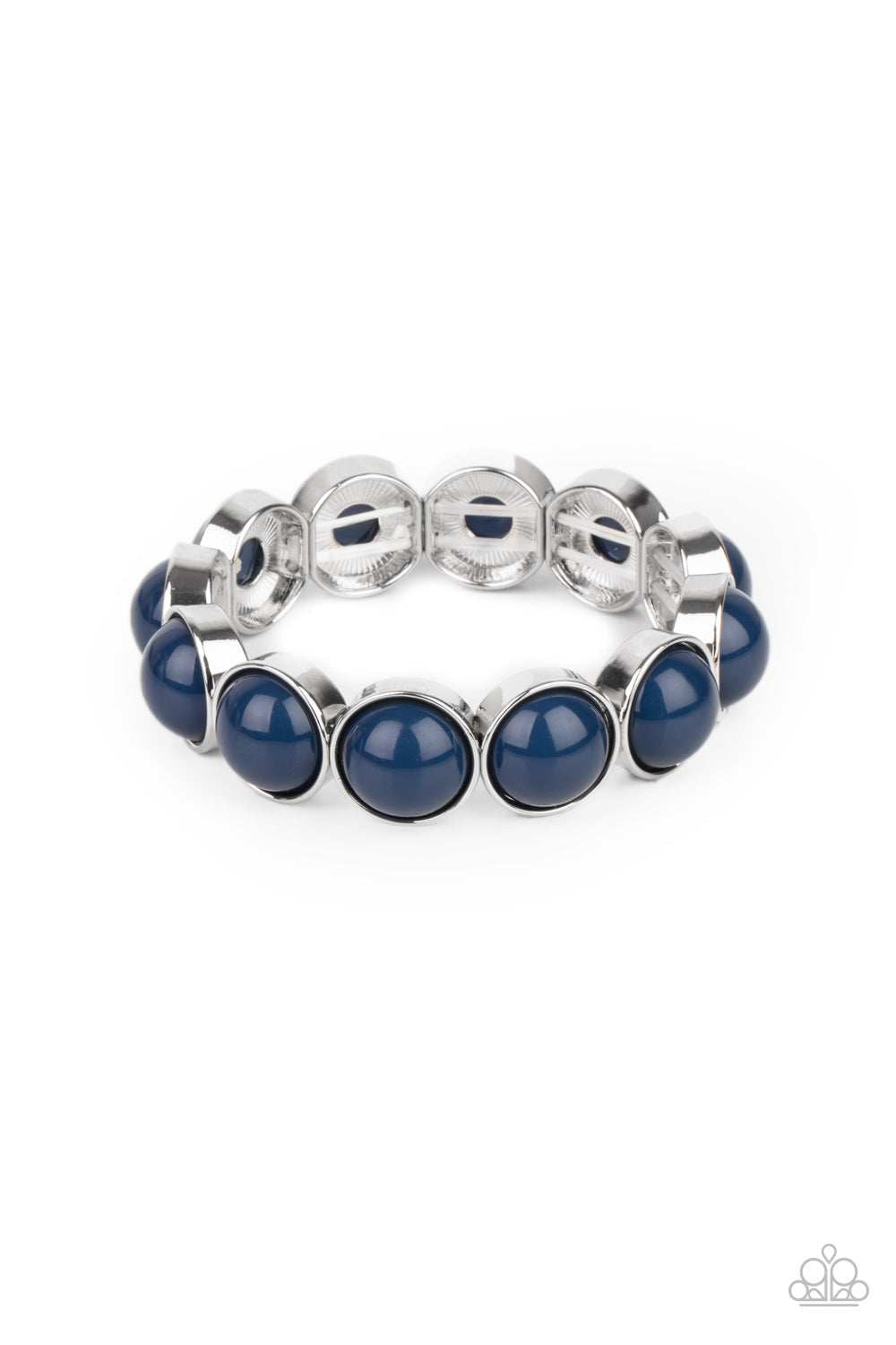 POP, Drop, and Roll - Blue and Silver Fashion Bracelet - Paparazzi Accessories - Featuring depthless blue beaded centers, bubbly silver frames are threaded along stretchy bands around the wrist for a powerful pop of color. Sold as one individual bracelet. 
