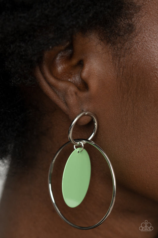 ​POP, Look, and Listen - Mint Green and Silver Earrings - Paparazzi Accessories - 
A minty Green Ash disc swings from two interlocking silver hoops, creating a flirtatious pop of color. Earring attaches to a standard post fitting. Sold as one pair of post earrings.

