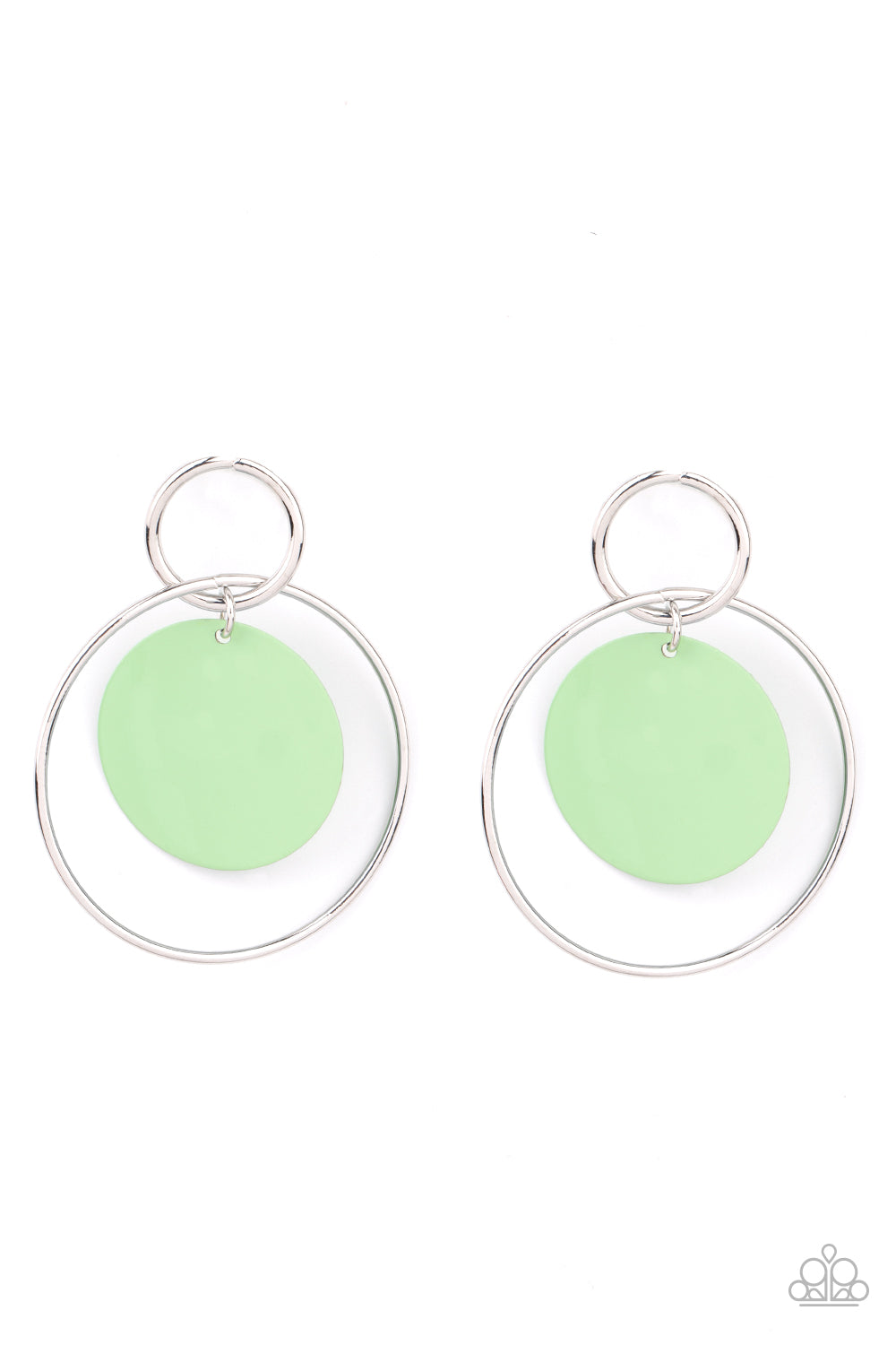 ​POP, Look, and Listen - Mint Green and Silver Earrings - Paparazzi Accessories - 
A minty Green Ash disc swings from two interlocking silver hoops, creating a flirtatious pop of color. Earring attaches to a standard post fitting. Sold as one pair of post earrings.

