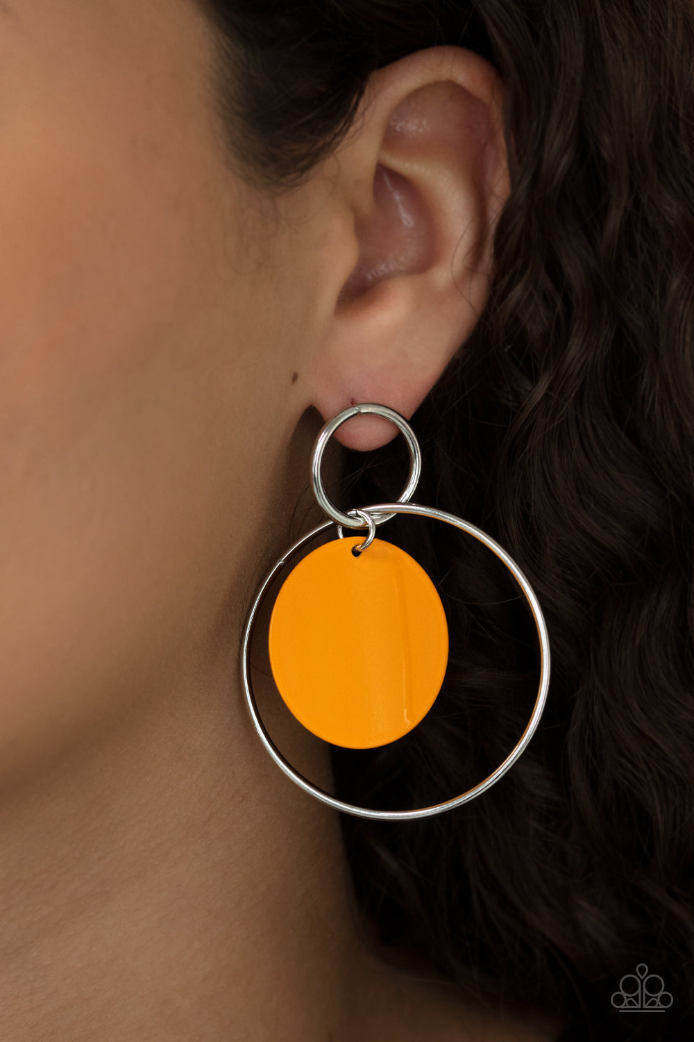 POP, Look, and Listen - Orange and Silver Earrings - Paparazzi Accessories - Marigold disc swings from two interlocking silver hoops, creating a flirtatious pop of color. Earring attaches to a standard post fitting. Sold as one pair of post earrings.