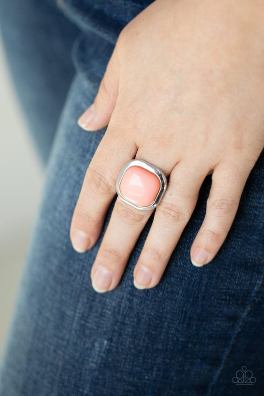 POP-ularity  Contest - Orange - Coral and Silver Ring - Paparazzi Accessories - An oversized burnt coral - orange bead is pressed into the center of a square silver frame, for a colorful fashion ring. Features a stretchy band for a flexible fit. Sold as one individual ring.