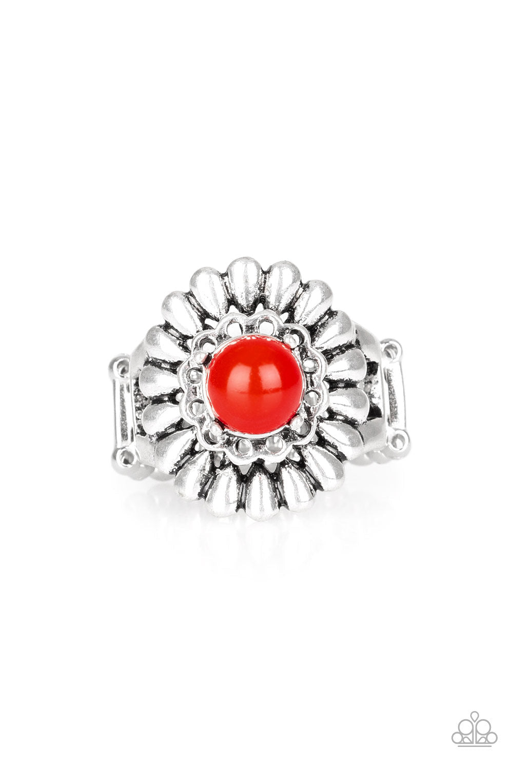 Poppy Pep - Red and Silver Fashion Ring - Paparazzi Accessories - A fiery red bead is atop a stacked floral frame, for a colorful flower fashion ring. Ring has a stretchy band for a flexible fit, typically fits ladies ring sizes 6 - 10.