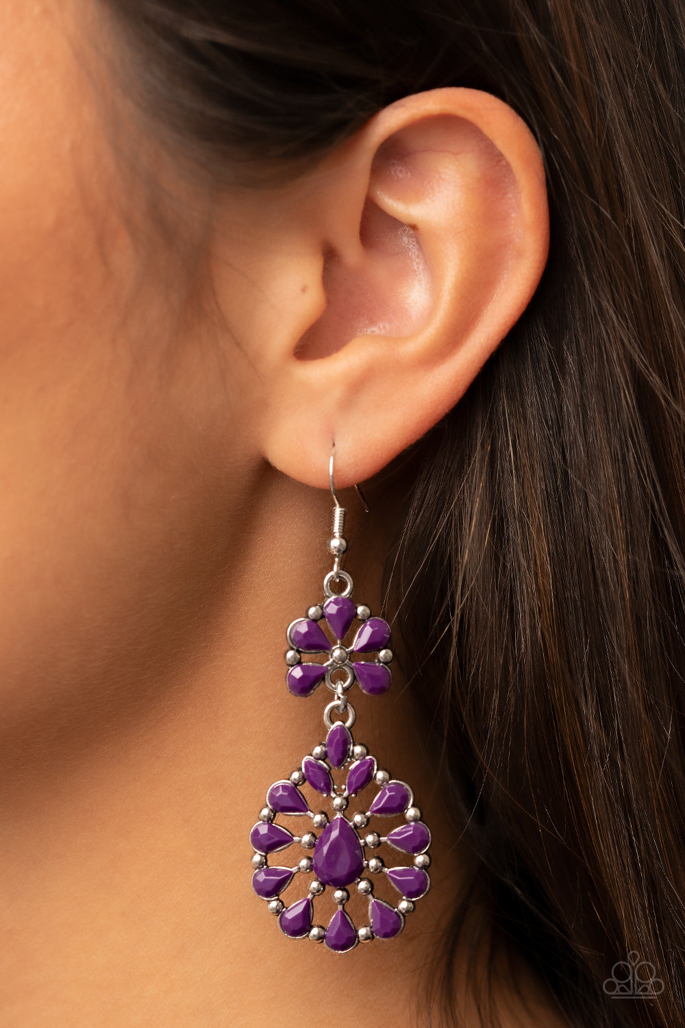 Posh Palooza - Plum Purple and Silver Earrings - Paparazzi Accessories - Two plum beaded and silver studded frames delicately link into a vivacious lure, creating a colorful pop of floral inspiration. Earring attaches to a standard fishhook fitting.
