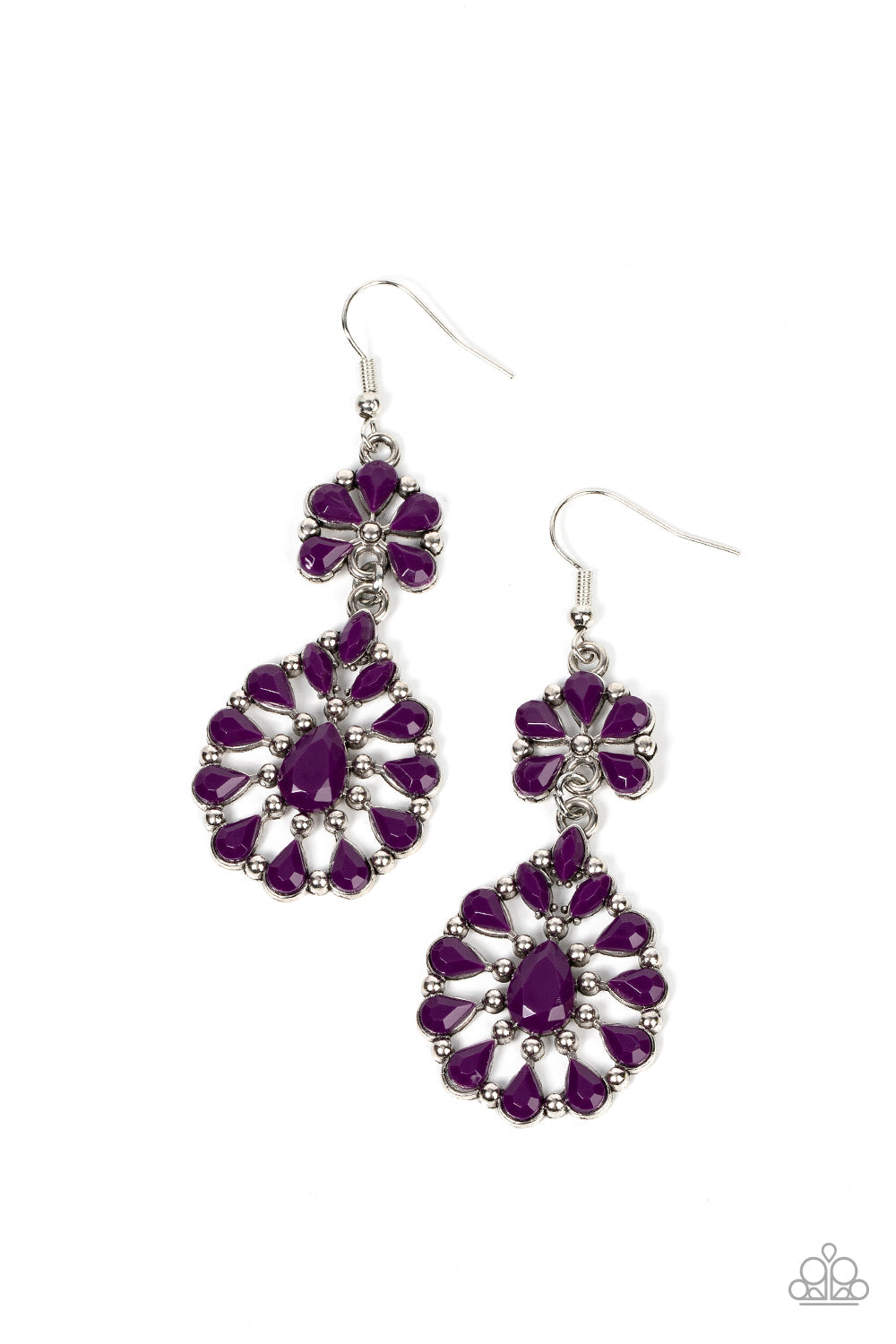 Posh Palooza - Plum Purple and Silver Earrings - Paparazzi Accessories - Two plum beaded and silver studded frames delicately link into a vivacious lure, creating a colorful pop of floral inspiration. Earring attaches to a standard fishhook fitting.