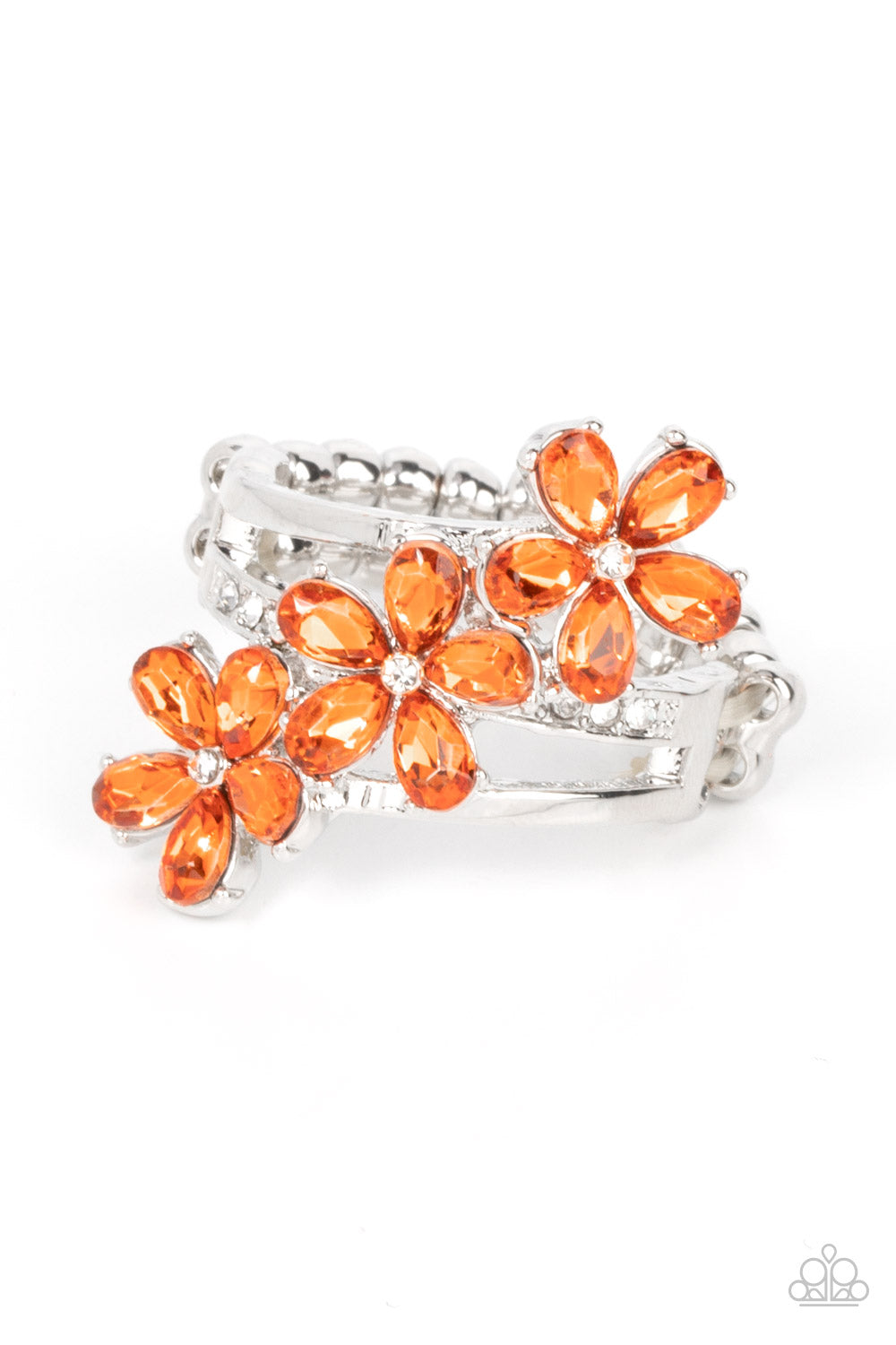 Posh Petals - Orange Floral - Silver Fashion Ring - Paparazzi Accessories - Dotted with dainty white rhinestone centers, orange rhinestone petaled floral frames slant across layers of plain silver and white rhinestone encrusted silver bands for a sparkly efflorescence. Features a stretchy band for a flexible fit.