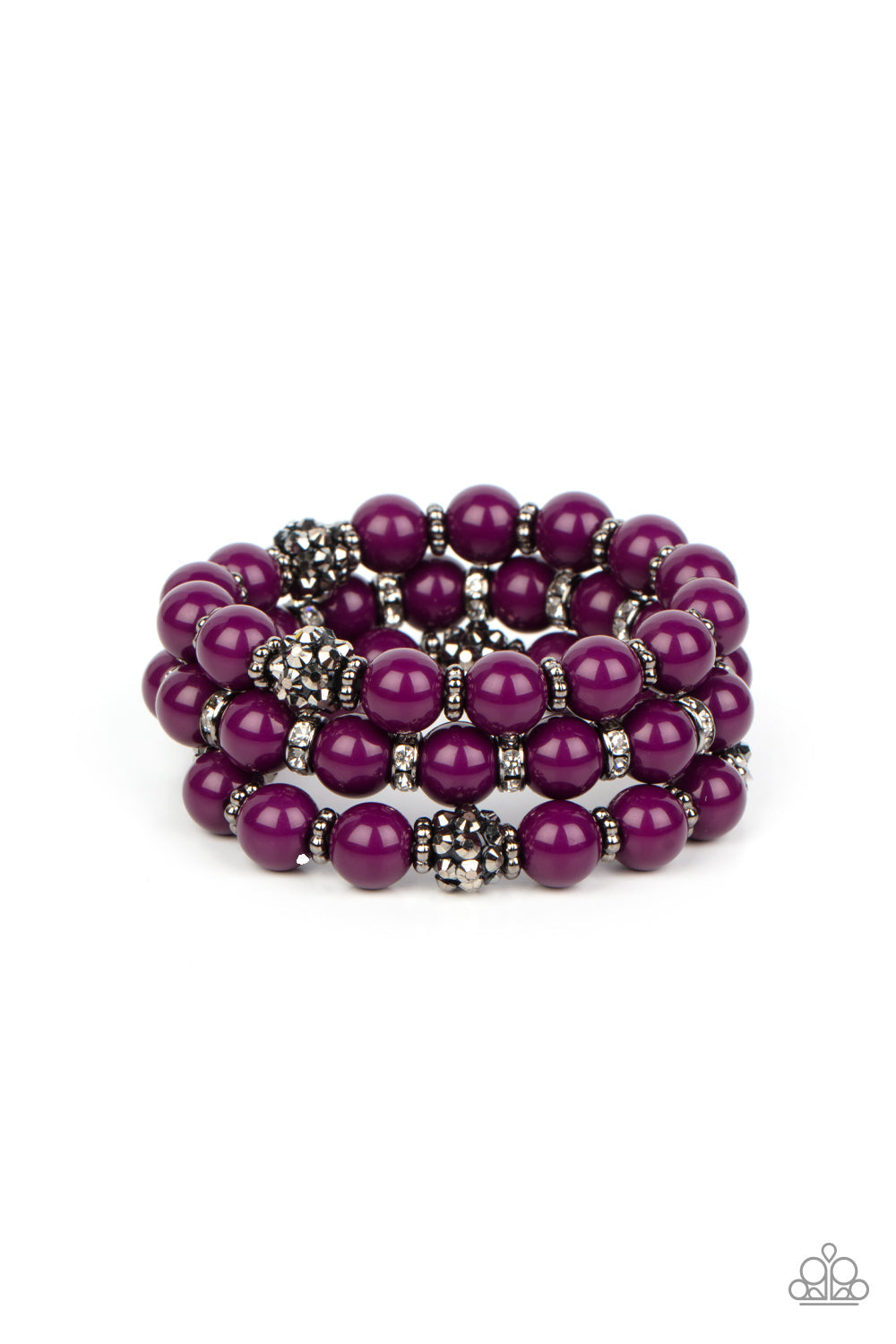 Poshly Packing - Dark Purple Bracelet - Paparazzi Accessories - A posh collection of polished purple beads, studded gunmetal rings, white rhinestone encrusted rings, and hematite dotted beads are threaded along stretchy bands around the wrist, creating sassy layers. Sold as one set of three bracelets.  Bejeweled Accessories By Kristie - Trendy fashion jewelry for everyone -
