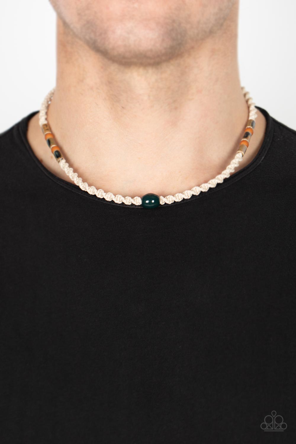 Positively Pacific - Brown and Green - Earthy Urban Necklace - Paparazzi Accessories - Urban necklace with glazed, matte, and polished finishes, an earthy collection of brown and green beads are knotted in place along a braided twine-like cord below the collar, creating an authentically urban centerpiece. Button loop closure.