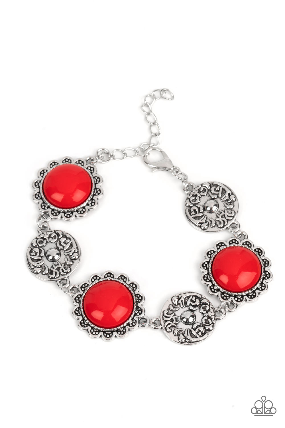 Positively Poppy - Red and Silver Bracelet - Paparazzi Accessories - Shiny oversized red beads are wrapped in floral-inspired frames of silver, filled with studded texture. Silver discs embossed in a filigree motif alternate with the vibrant beads as they link around the wrist in a whimsical finish. Features an adjustable clasp closure.