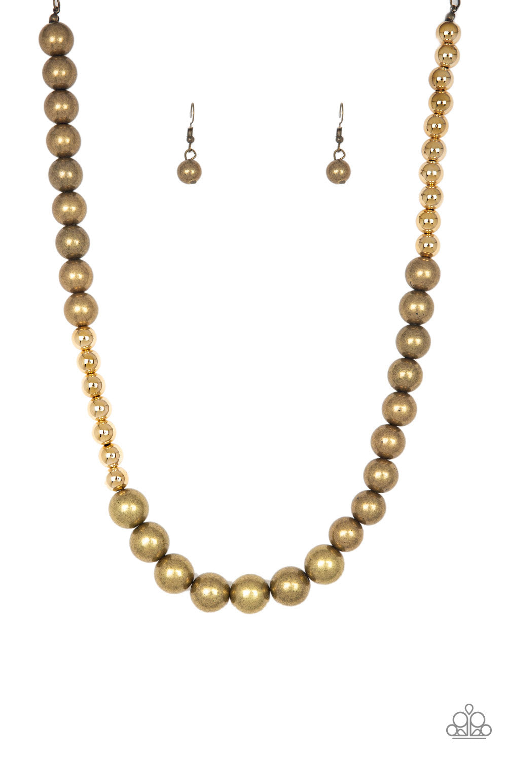 Power To The People - Brass and Gold Necklace - Paparazzi Accessories - Glistening gold and antiqued brass beads drape below the collar in a dramatically asymmetrical fashion. Features an adjustable clasp closure. Sold as one individual necklace.