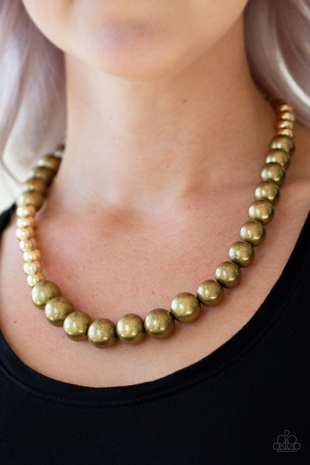 Power To The People - Brass and Gold Necklace - Paparazzi Accessories - Glistening gold and antiqued brass beads drape below the collar in a dramatically asymmetrical fashion. Features an adjustable clasp closure. Sold as one individual necklace.