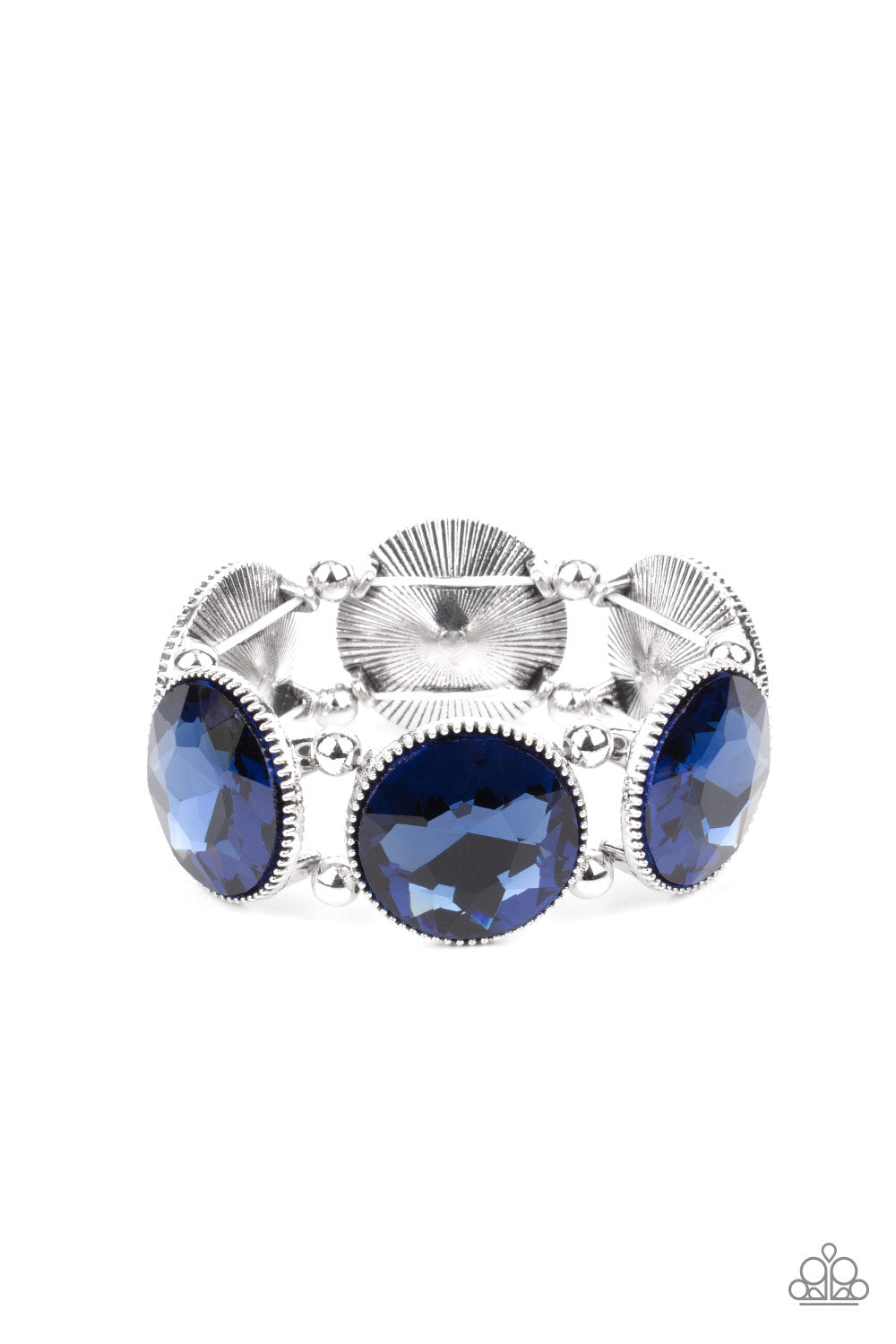 Powerhouse Hustle - Blue and Silver Stretchy Bracelet - Paparazzi Accessories - A glitzy collection of dramatically oversized Rhodonite blue rhinestone frames are threaded along stretchy bands around the wrist for a jaw-dropping dazzle. Sold as one individual bracelet. 