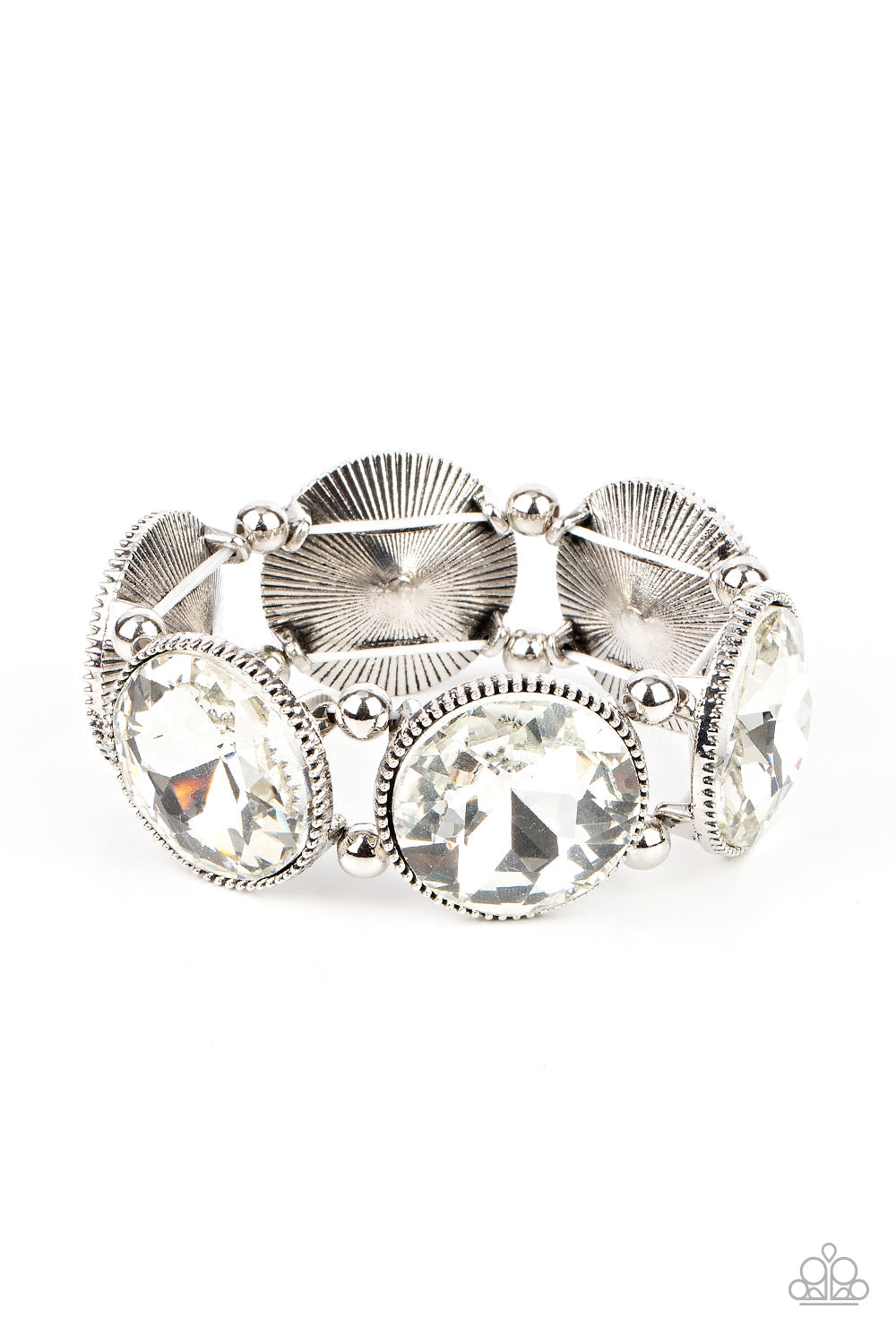 Powerhouse Hustle - White - Silver Stretchy Bracelet - Paparazzi Accessories - Infused with pairs of silver beads, a glitzy collection of dramatically oversized white rhinestone frames are threaded along stretchy bands around the wrist for a jaw-dropping dazzle. Sold as one individual bracelet.