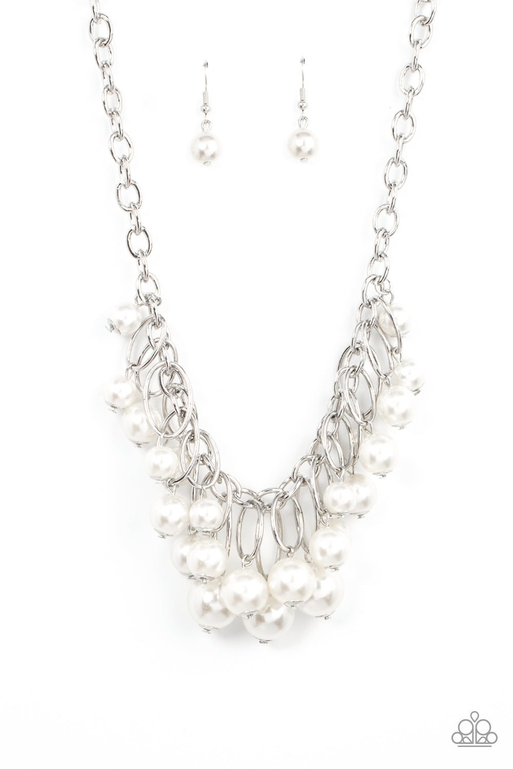 Powerhouse Pose - White Pearl and Silver Fashion Necklace - Paparazzi Accessories -Oversized white pearls dance from the bottoms of shiny silver ovals that cluster along a chunky silver chain, for a luxurious fringe below the collar. Necklace has an adjustable clasp closure. 