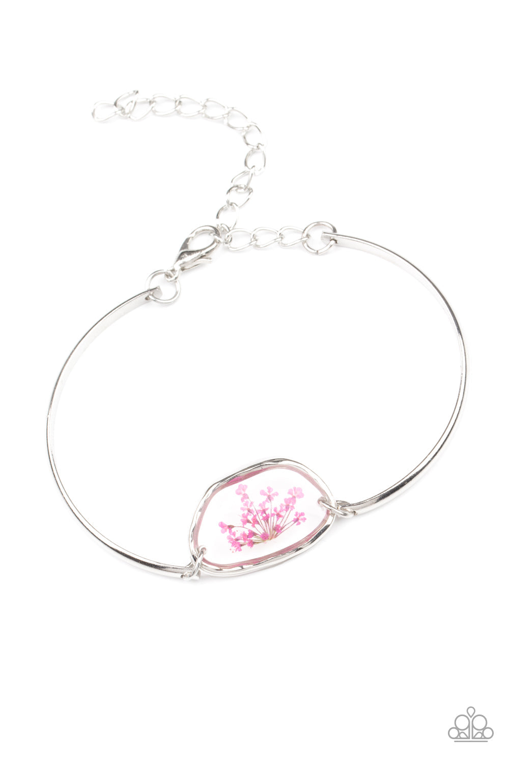Prairie Paradise - Pink Flower - Silver Bracelet - Paparazzi Accessories - Encased inside an asymmetrical glass casing, a dainty pink firework flower centerpiece attaches to two arcing silver bars around the wrist for a whimsical floral look. Features an adjustable clasp closure. Sold as one individual bracelet.