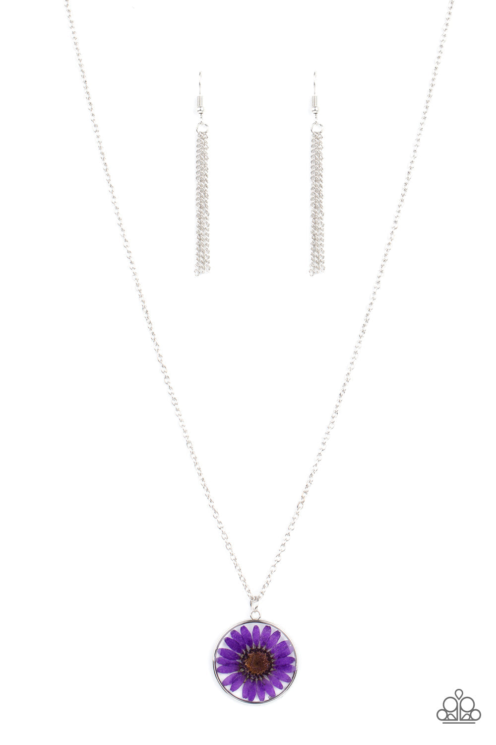 ​Prairie Promenade - Purple Floral and Silver Necklace - Paparazzi Accessories - A purple daisy is encased inside a glassy casing, creating a whimsical floral pendant beneath the collar. Features an adjustable clasp closure. Sold as one individual necklace. Includes one pair of matching earrings.