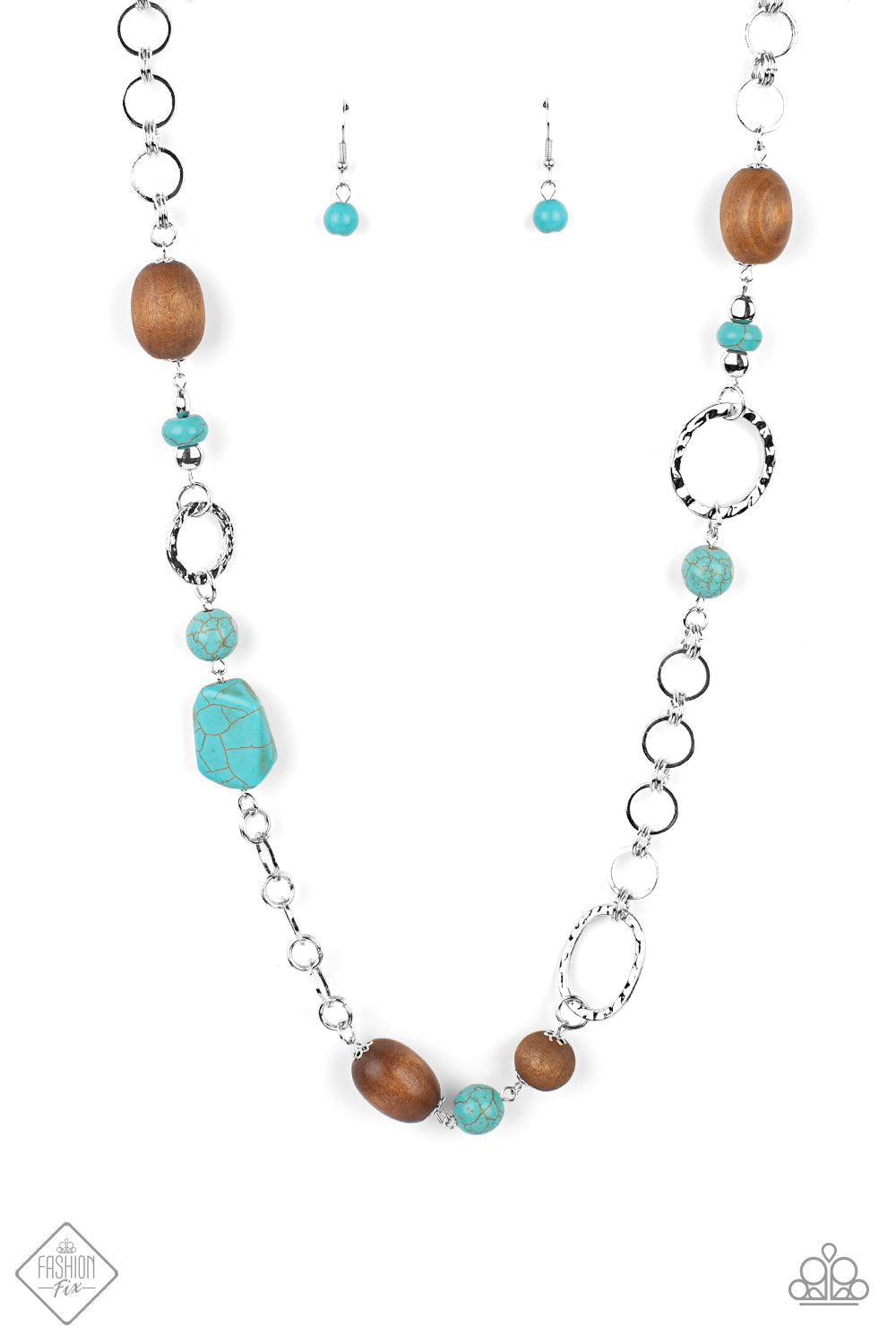 Prairie Reserve - Blue Turquoise - Silver - Wood Necklace - Paparazzi Accessories - Assortment of turquoise stones, wooden beads, and silver accents sporadically adorn a double-linked silver chain, creating an earthy display across the chest. Features an adjustable clasp closure. 