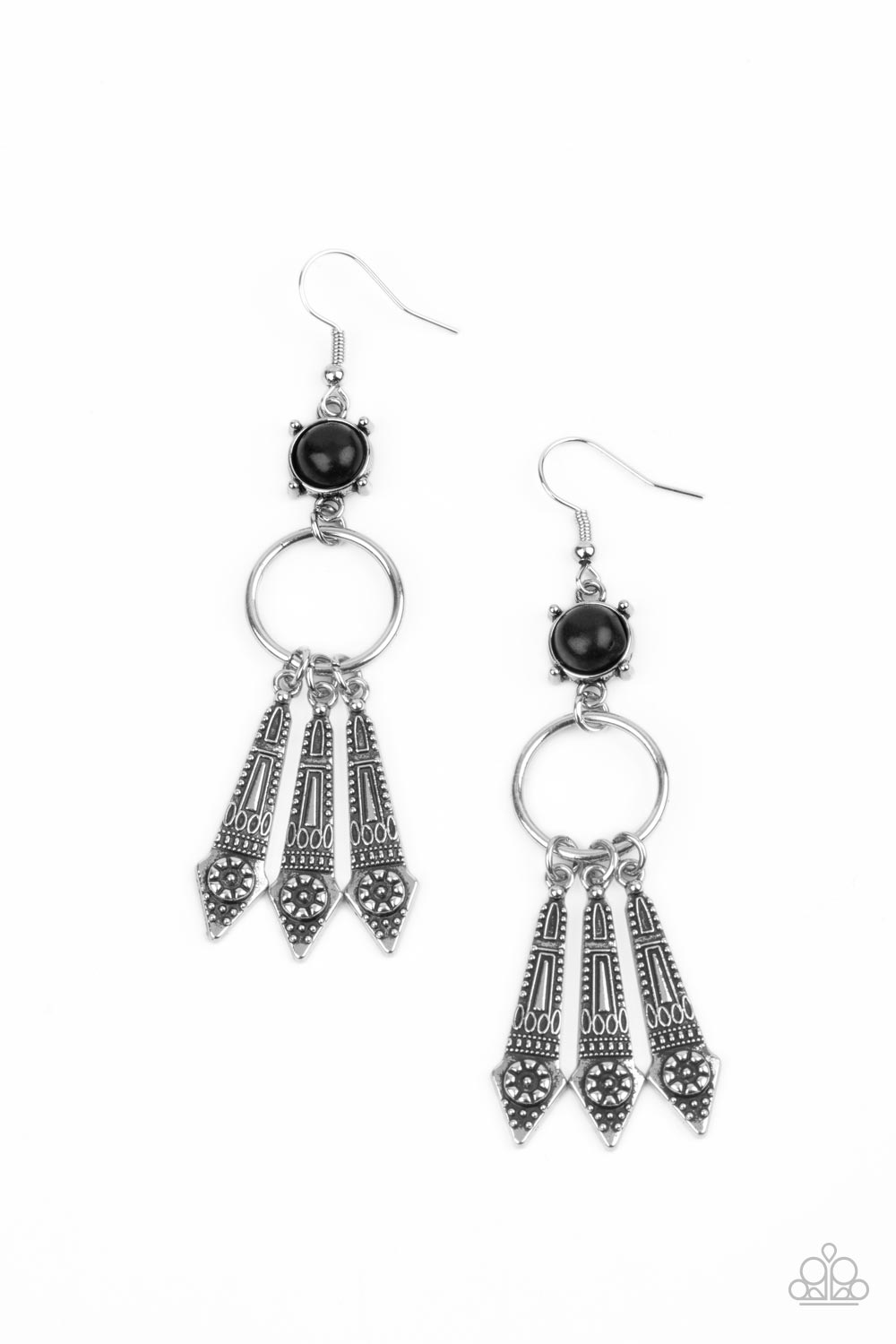 Prana Paradise - Black and Silver Earrings - Paparazzi Accessories - Embellished with dainty flowers, flared silver bars glide along the bottom of a dainty silver ring that attaches to a black stone fitting, creating a whimsical lure. Earring attaches to a standard fishhook fitting. Sold as one pair of earrings.