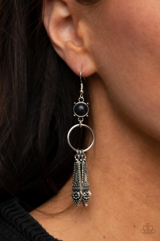 Prana Paradise - Black and Silver Earrings - Paparazzi Accessories - Embellished with dainty flowers, flared silver bars glide along the bottom of a dainty silver ring that attaches to a black stone fitting, creating a whimsical lure. Earring attaches to a standard fishhook fitting. Sold as one pair of earrings.