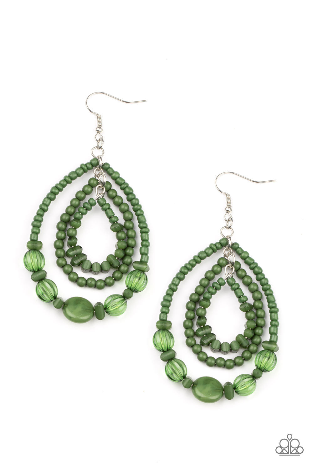 Prana Party - Green Seed Bead Earrings - Paparazzi Accessories - Mismatched green stone, seed bead, crystal-like, and faux stone beads are threaded along three dainty wires that connect into a colorful teardrop lure. Earring attaches to a standard fishhook fitting. Sold as one pair of earrings.