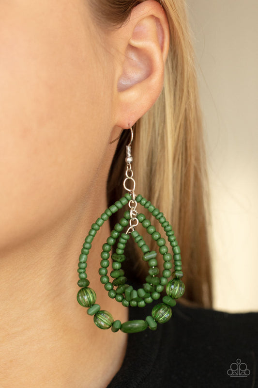 Prana Party - Green Seed Bead Earrings - Paparazzi Accessories - Bejeweled Accessories By Kristie - Mismatched green stone, seed bead, crystal-like, and faux stone beads are threaded along three dainty wires that connect into a colorful teardrop lure. Earring attaches to a standard fishhook fitting. Sold as one pair of earrings.