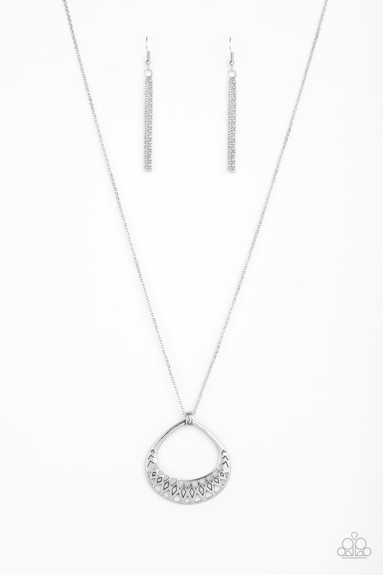 Prehistoric Drama - Silver Necklace - Paparazzi Accessories - A textured silver teardrop pendant swings from the bottom of a lengthened silver chain for a funky tribal look. Features an adjustable clasp closure. Sold as one individual necklace.
