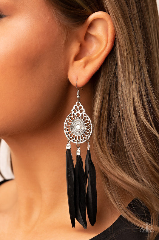 Pretty in PLUMES - Silver and Black Feather - Silver Earrings - Paparazzi Accessories - Three black feathers swing from the bottom of a dizzying silver frame featuring airy filigree detail, resulting in a flirtatiously colorful fringe. Earring attaches to a standard fishhook fitting.
