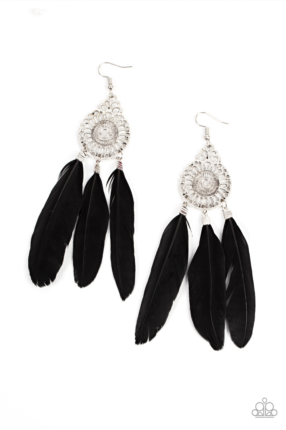 Pretty in PLUMES - Black Feather - Silver Fashion Earrings - Paparazzi Accessories - Three black feathers swing from the bottom of a dizzying silver frame featuring airy filigree detail, resulting in a flirtatiously colorful fringe. Earring attaches to a standard fishhook fitting.