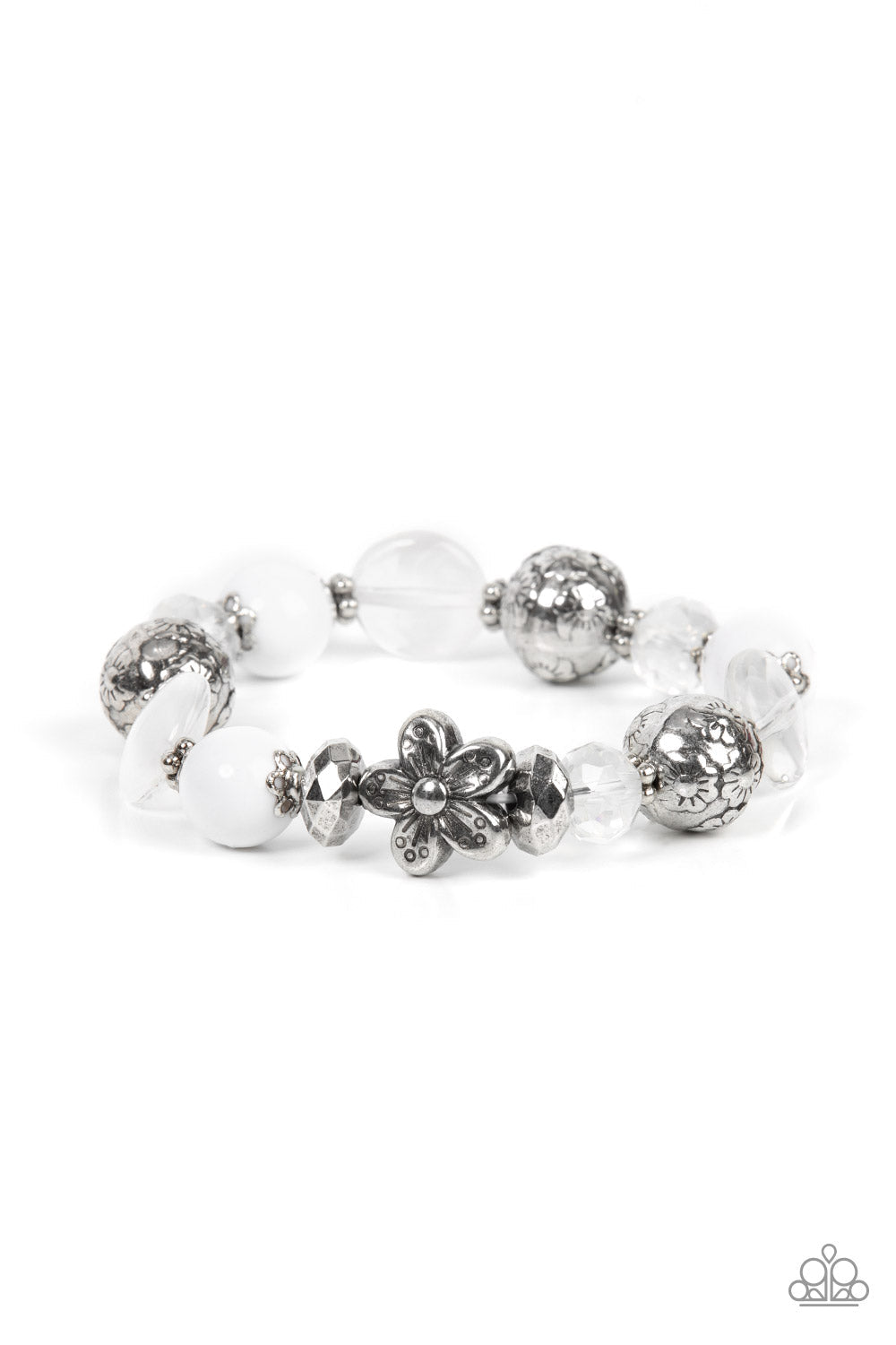Pretty Persuasion - Iridescent White and Silver - Stretchy Bracelet - Paparazzi Accessories - Enchanting assortment of silver floral beads and studded silver rings join an opaque, glassy, and iridescent assortment of white beads along a stretchy band around the wrist.