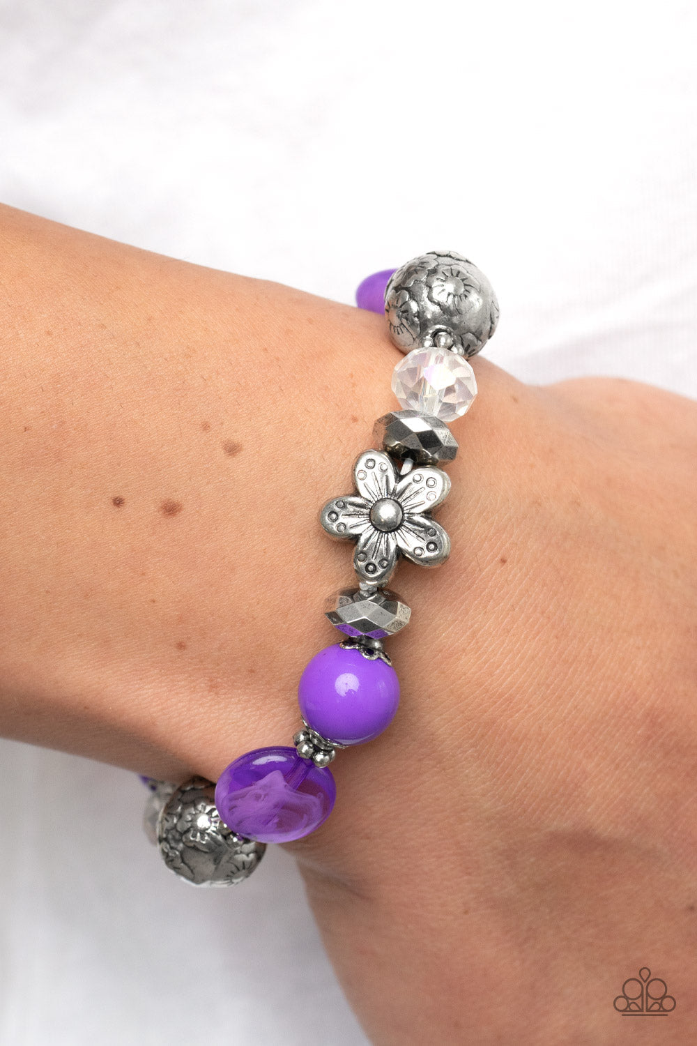 Pretty Persuasion - Purple - Silver - Iridescent Bead - Stretchy Bracelet - Paparazzi Accessories  - assortment of silver floral beads and studded silver rings join an opaque, glassy, and iridescent assortment of purple and white beads along a stretchy band around the wrist for a whimsical pop of color. Sold as one individual bracelet.  Bejeweled Accessories By Kristie - Trendy fashion jewelry for everyone -