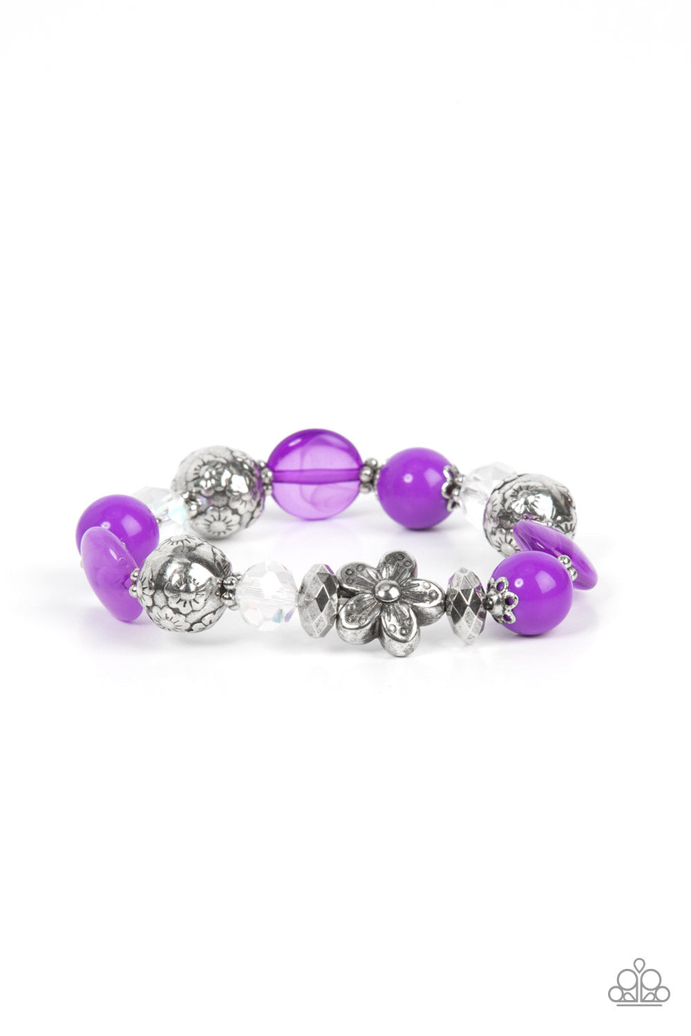 Pretty Persuasion - Purple - Silver - Iridescent Bead - Stretchy Bracelet - assortment of silver floral beads and studded silver rings join an opaque, glassy, and iridescent assortment of purple and white beads along a stretchy band around the wrist for a whimsical pop of color. Sold as one individual bracelet. Bejeweled Accessories By Kristie - Trendy fashion jewelry for everyone -
