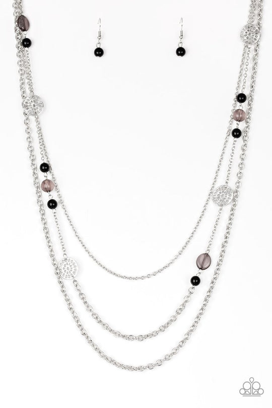 Pretty Pop-tastic! Black and Silver Necklace - Paparazzi Jewelry - Bejeweled Accessories By Kristie - Ornate silver accents, glassy beads, and polished black beads trickle along strands of shimmery silver chains for a whimsical look. Features an adjustable clasp closure. Sold as one individual necklace.