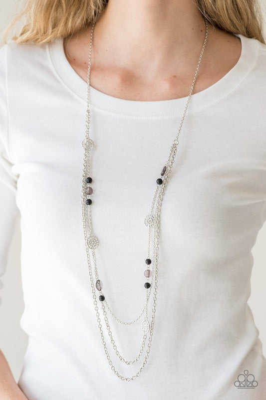 Pretty Pop-tastic! Black and Silver Necklace - Paparazzi Accessories - Ornate silver accents, glassy beads, and polished black beads trickle along strands of shimmery silver chains for a whimsical look.