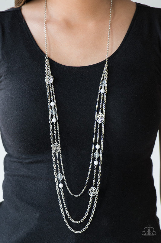 Pretty Pop-tastic! - White and Silver Necklace - Paparazzi Accessories - Ornate silver accents, glassy beads, and polished white beads trickle along strands of shimmery silver chains for a whimsical look. Fashion necklace has an adjustable clasp closure. 