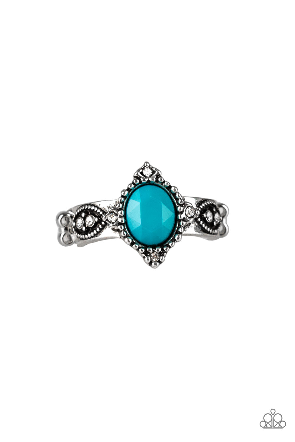 Pricelessly Princess - Blue and Silver Ring - Paparazzi Accessories - A faceted blue bead is pressed into an ornate silver band radiating with silver studs and dainty white rhinestones for a refined look. Features a dainty stretchy band for a flexible fit. Sold as one individual ring.
