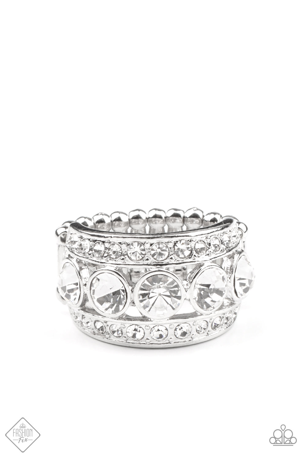 Princess Pedigree - White and Silver Fashion Ring - Paparazzi Accessories - A row of oversized white rhinestones is flanked by two silver bands encrusted in even more glassy white rhinestones, creating a brilliantly blinding display across the finger. Features a stretchy band for a flexible fit. Sold as one individual ring.