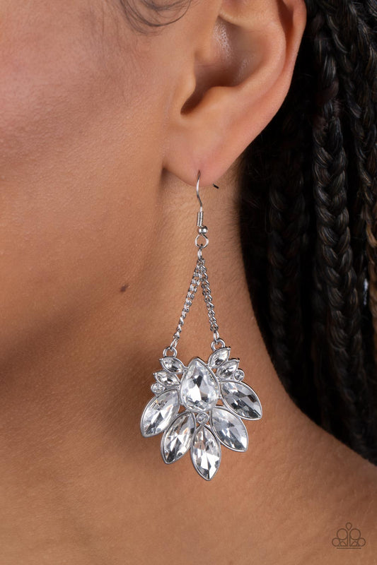 Prismatic Pageantry - White and Silver Earrings - Paparazzi Accessories - An explosion of marquise-cut white rhinestones fan out from a faceted teardrop gem. Tiny white rhinestones are sprinkled between the white gems, adding a hint of sparkle as the design is suspended from a pair of silver chains. Earring attaches to a standard fishhook fitting. Sold as one pair of earrings.