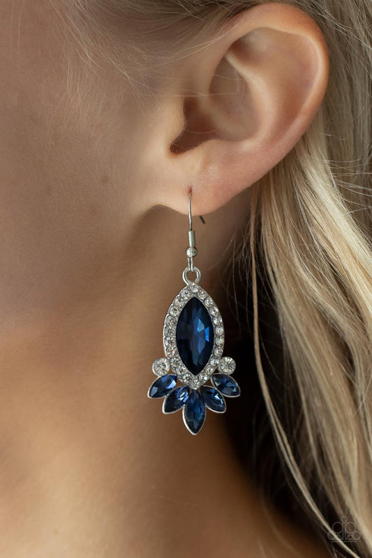 Prismatic Parade - Silver - Blue Gem Earrings - Paparazzi Accessories - Bordered in glassy white rhinestones, an oversized blue gem gives way to a dazzling blue fringe of marquise cut rhinestones for a fabulous finish. Earring attaches to a standard fishhook fitting.
