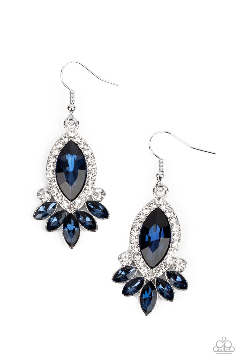 Prismatic Parade - Silver - Blue Gem Earrings - Paparazzi Accessories - Bordered in glassy white rhinestones, an oversized blue gem gives way to a dazzling blue fringe of marquise cut rhinestones for a fabulous finish. Earring attaches to a standard fishhook fitting.