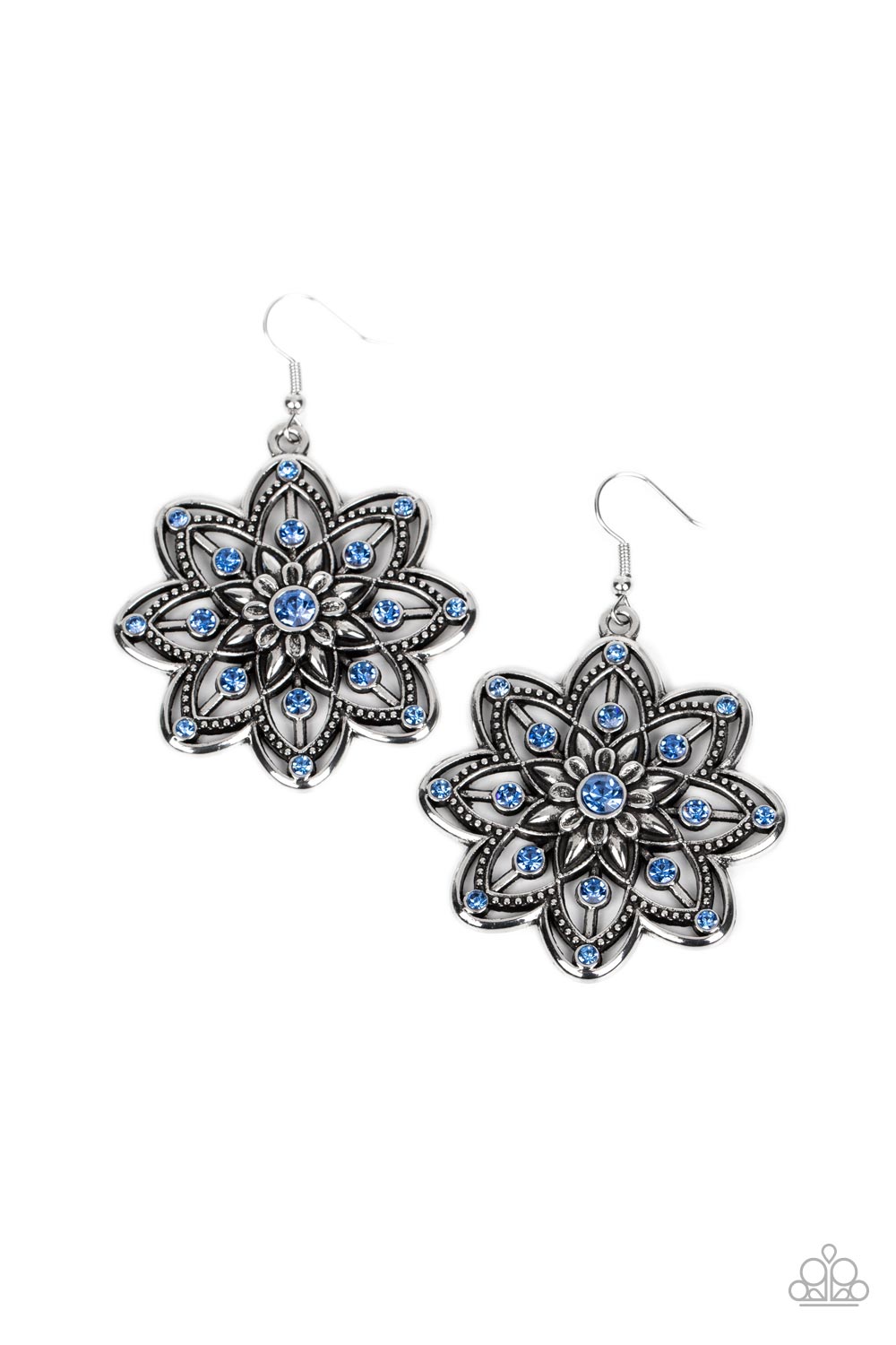 Prismatic Perennial - Blue and Silver Earrings - Paparazzi Accessories - Dotted in Glacier Lake rhinestones, rows of smooth and studded silver petals bloom from a Glacier Lake rhinestone center for a whimsical floral fashion.