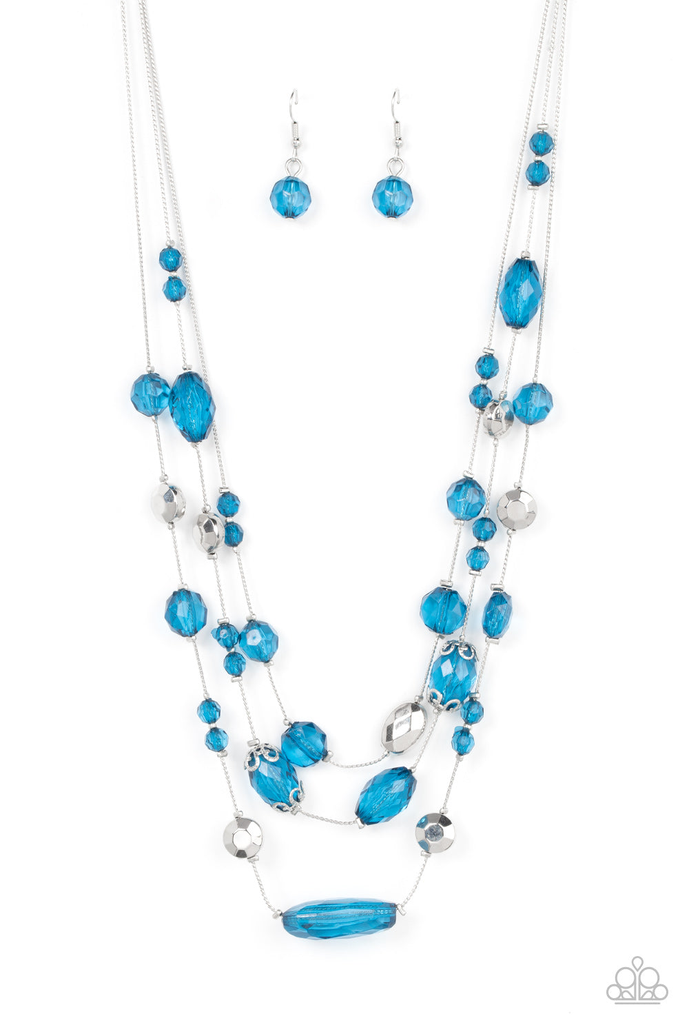 Prismatic Pose - Mykonos Blue and Silver Necklace - Paparazzi Accessories - Variety of faceted silver beads and Mykonos Blue crystal-like accents are fitted in place along layers of silver wire-like chain, resulting in a prismatic pop of color. Features an adjustable clasp closure fashion necklace.