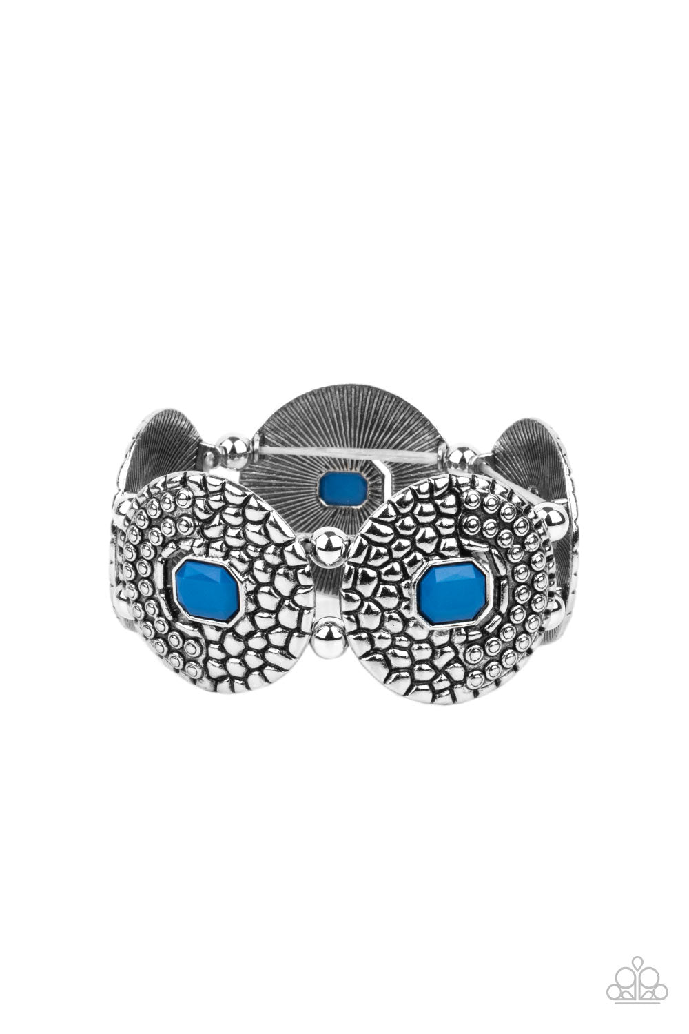 Prismatic Prowl - Blue and Silver Bracelet - Paparazzi Accessories - French Blue emerald shaped beads adorn the centers of round silver discs studded and embossed in metallic croc-like textures. Infused with pairs of silver beads, the decorative frames are threaded along stretchy bands around the wrist for a wild pop of color. Sold as one individual bracelet.