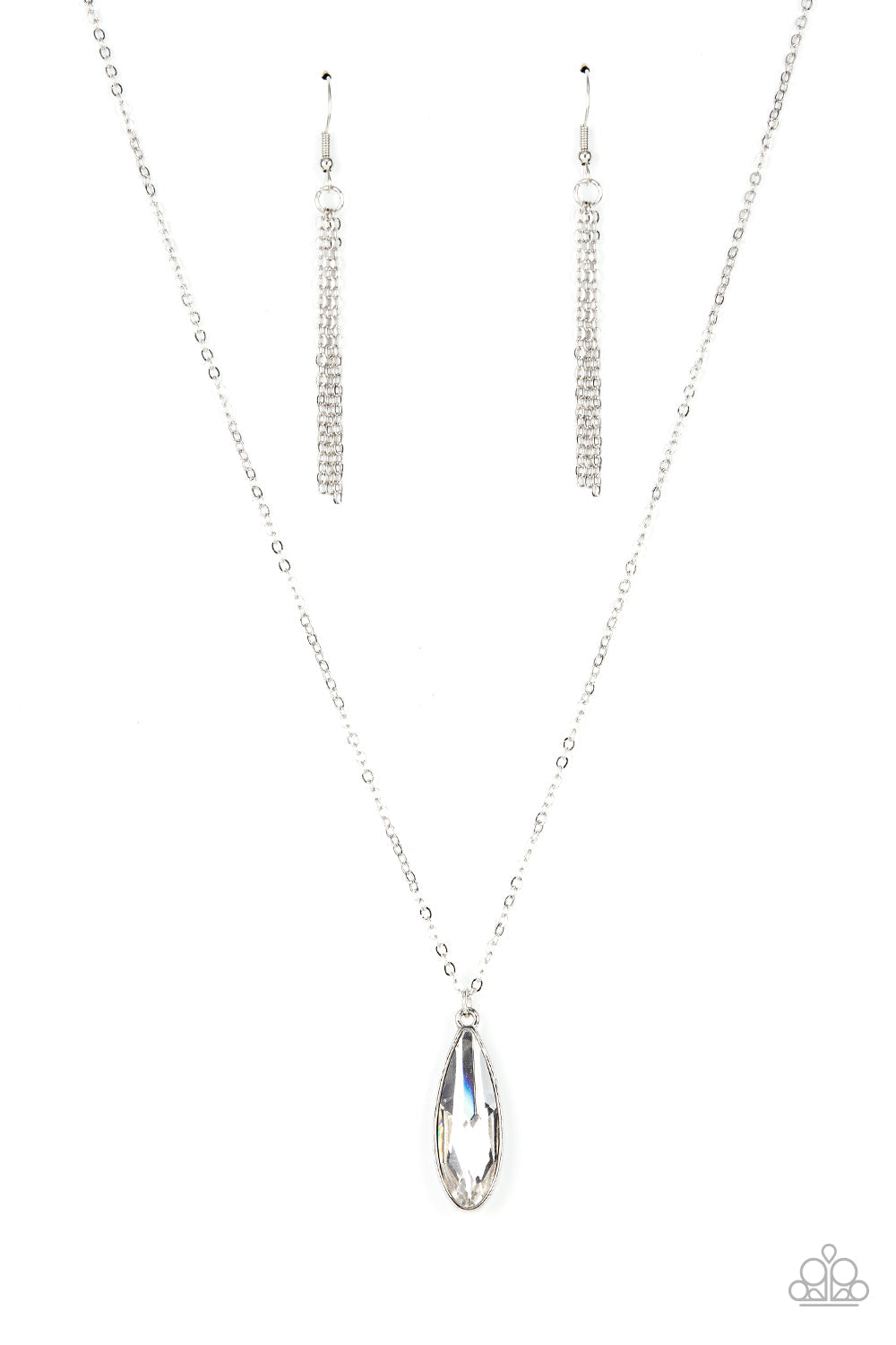 Prismatically Polished - White Gem - Silver Necklace - Encased in a sleek silver fitting, an elongated white teardrop gem swings from the bottom of a classic silver chain below the collar for a timeless elegance. Features an adjustable clasp closure.