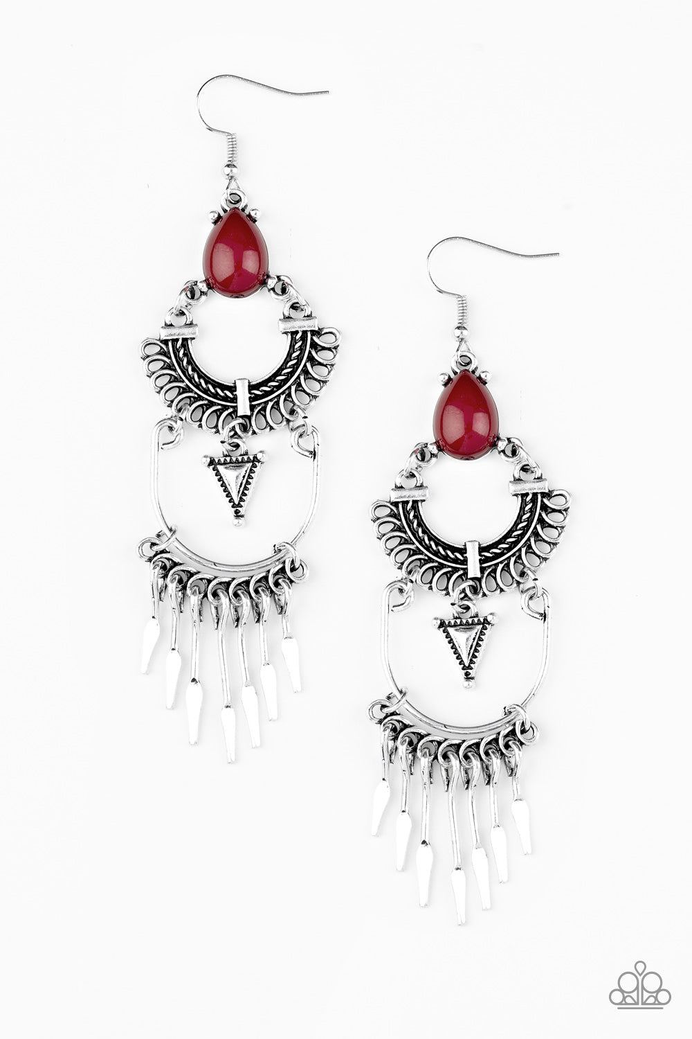 Progressively Pioneer - Red and Silver Earrings - Paparazzi Accessories - A rich red teardrop bead sits atop stacked silver frames that are linked together to allow flowy movement. Featuring tribal inspired patterns, the dramatically stacked frames give way to flared rods for an edgy fringed finish. Earring attaches to a standard fishhook fitting. Sold as one pair of earrings.