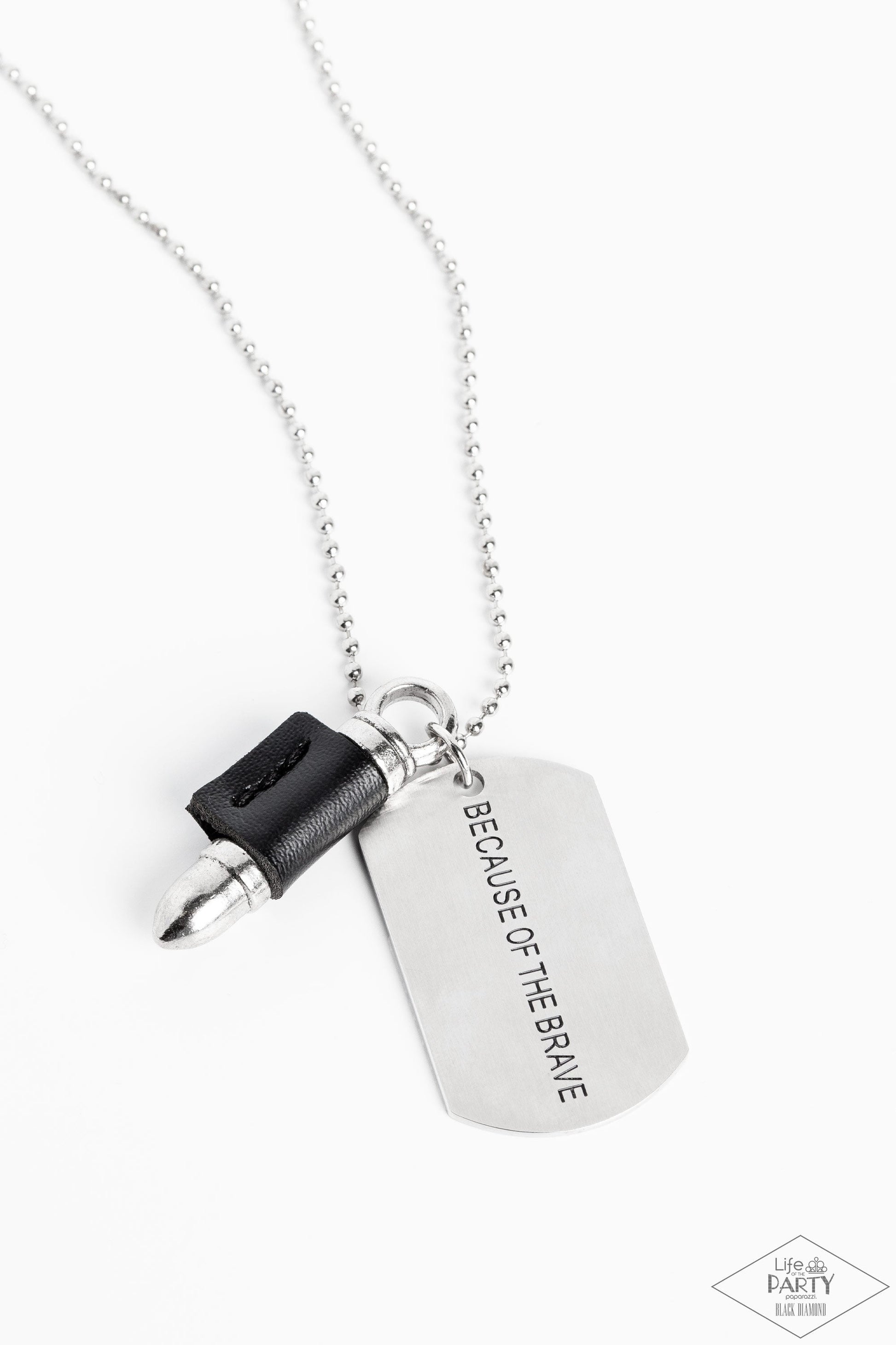 Proud Patriot - Black and Silver Urban Necklace - Paparazzi Accessories - A black leather fitting, a silver bullet pendant joins a silver dog tag at the bottom of a silver ball chain. The shimmery dog tag is stamped in the phrase, "Because of the Brave," for a patriotic finish.