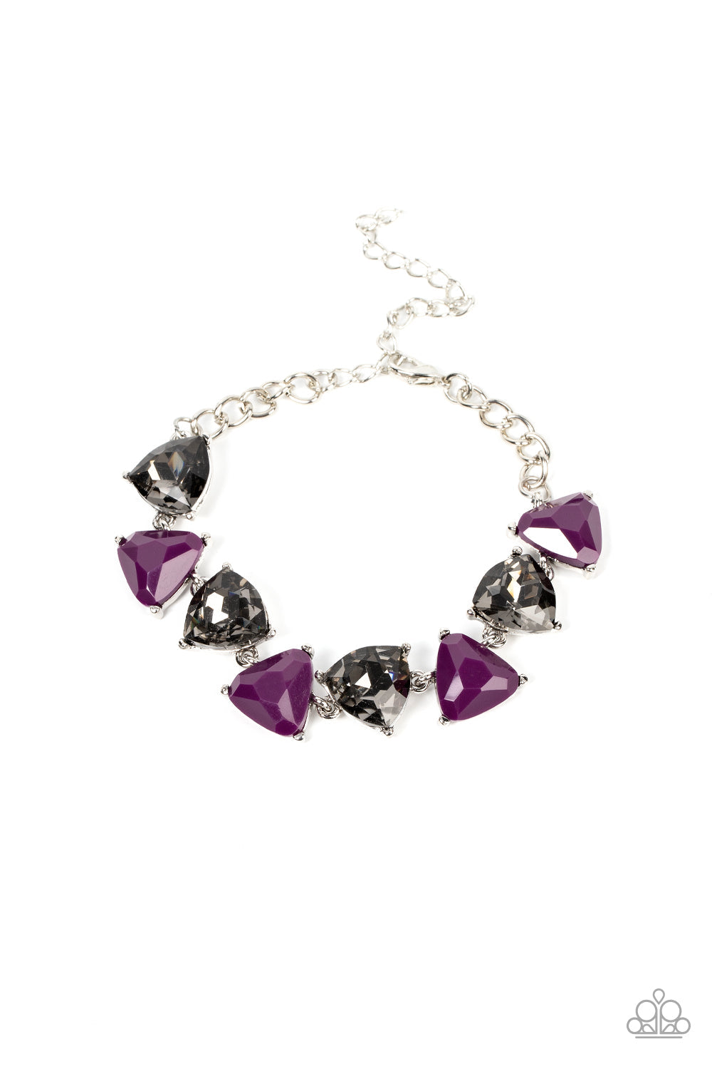 Pumped Up Prisms - Purple and Silver Bracelet - Triangular cut plum beads and smoky gems alternate around the wrist, creating a prismatic pop of color. Features an adjustable clasp closure. Sold as one individual bracelet.