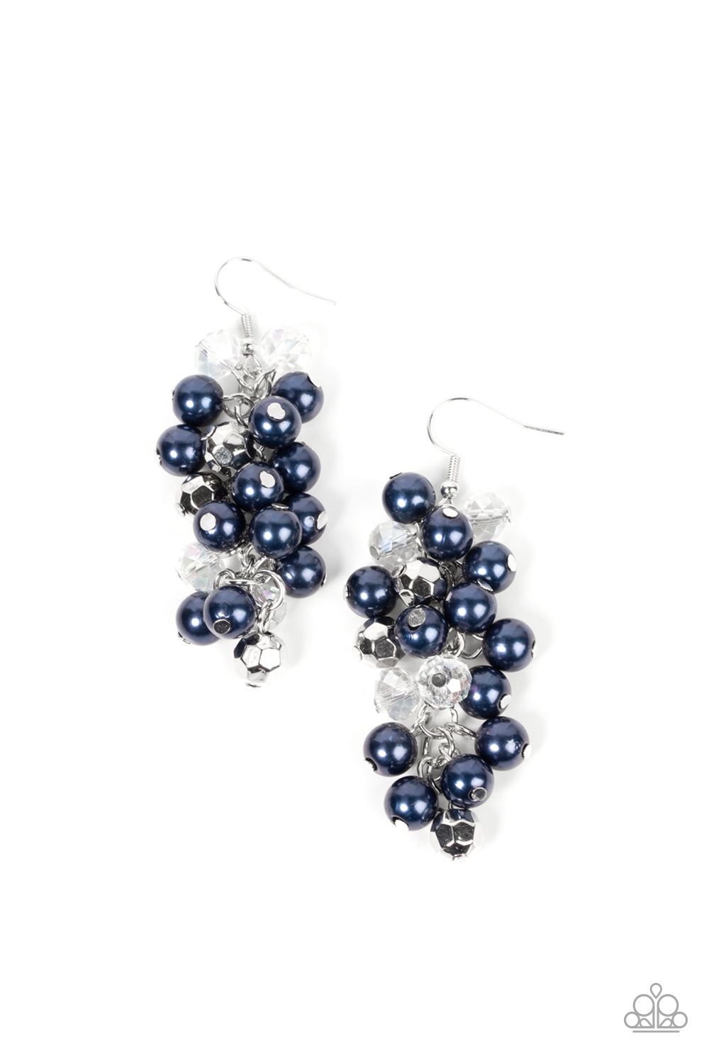 Pursuing Perfection - Blue Pearl Earrings - Paparazzi Jewelry - Bejeweled Accessories By Kristie - A bubbly collection of blue pearls, iridescent white crystal-like accents, and faceted silver beads trickle along a single silver chain, resulting in a chicly clustered chandelier. Earring attaches to a standard fishhook fitting. Sold as one pair of earrings.